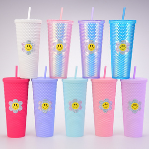 Large-capacity creative 710ml Double-layer plastic straw tumbler luminous color-changing rainbow gradient durian cups