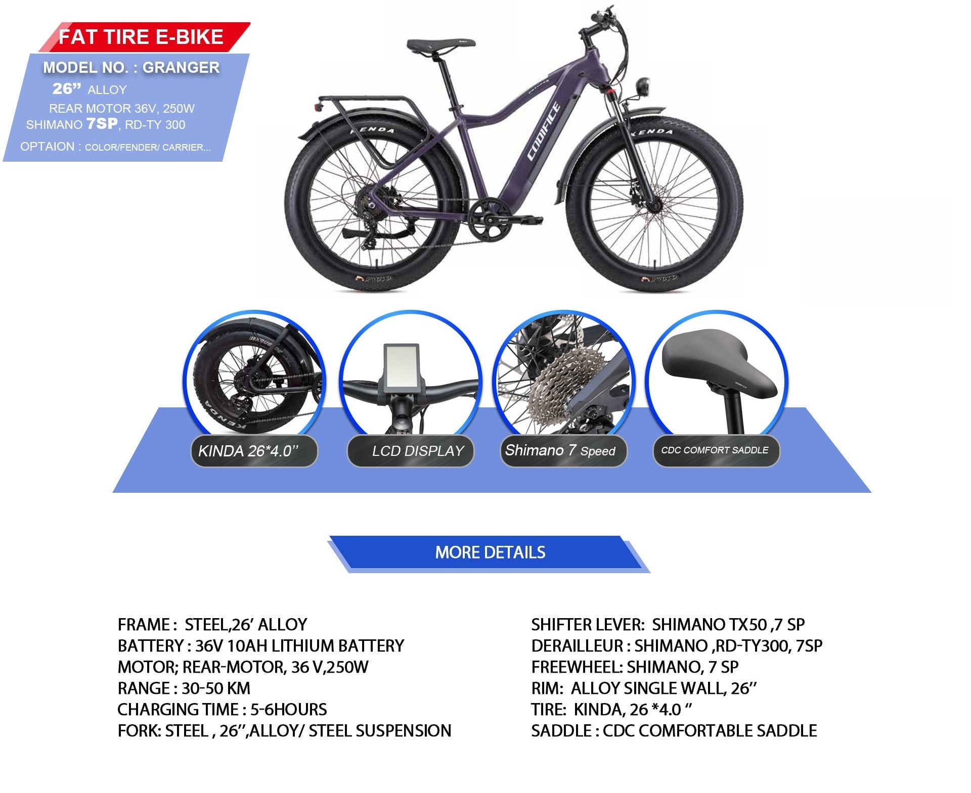 CODIFICE long range electric bike 250w oem 26 inch 36v 48v 250w  electric bike en15194 electric e fat bike fat tire electric