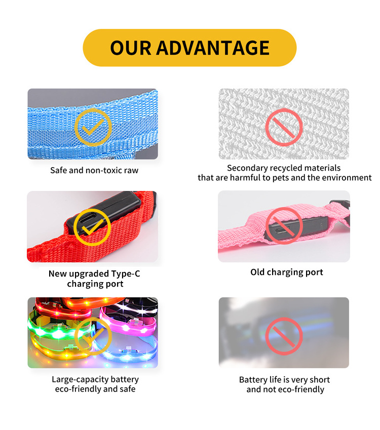 Custom Waterproof Flashing Light Up Reflective Pet Collar Adjustable USB Type-C Recharge Luxury LED Dog Luminous Collar for Dog