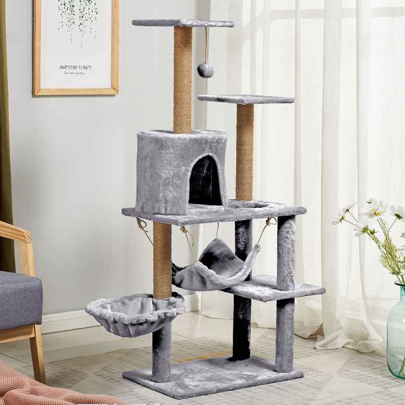 Factory Wholesale Multi-level Platform Wooden Cat Scratching Tree Natural Cat Tree With Hammock luxury cat tower