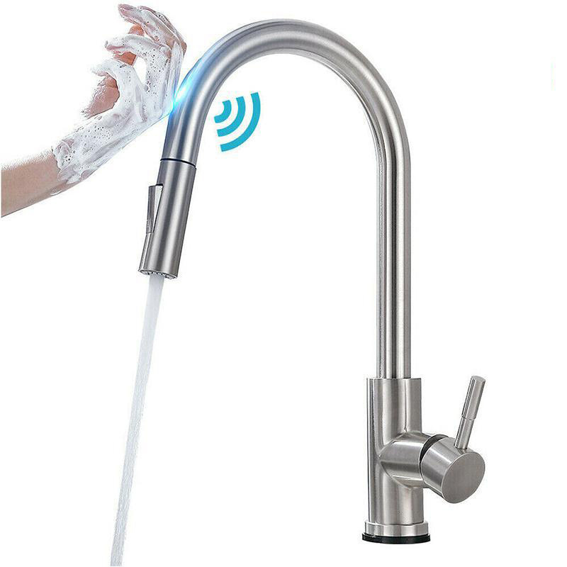 Kitchen Faucet Hot and Cold Kitchen Mixer Sensor Touch Sink Faucet Pull Out Sink Tap 304 Stainless Steel Drawing Modern Ceramic