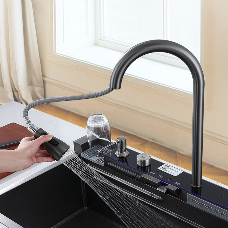 Sink Intelligent Digital Display Washing Basin Atmosphere Light Kitchen Large Waterfall Single Sinks