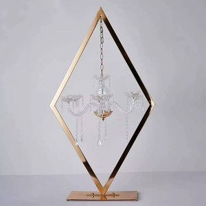 Wholesale decorative large gold tall diamond frame hanging table metal crystal pendant flower stand for wedding centerpieces