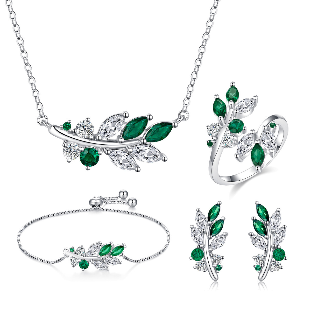 CDE S-YN1022 2023 Trendy Silver Jewellery 925 Sterling Silver Jewelry Set Joyas De Plata Leaf Necklace Set Adjustable Rings