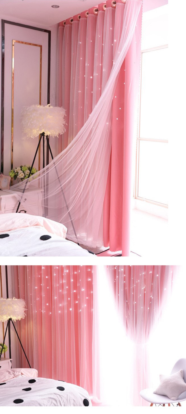 Luxury princess style curtains set manufacturers sell Double layer crystal light gauze starry curtains for living room