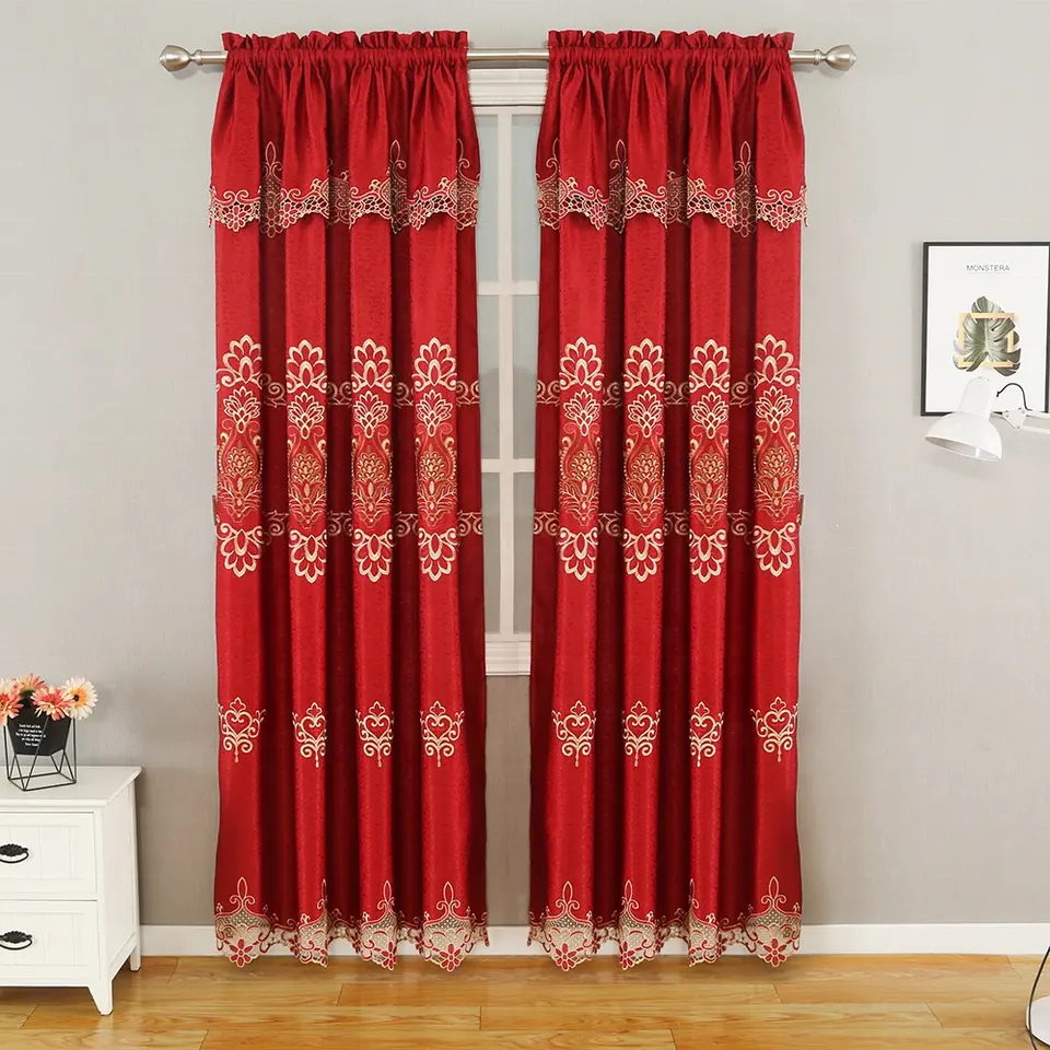 2023 new European style luxury red lace curtain with valance embroidered window panel for living room