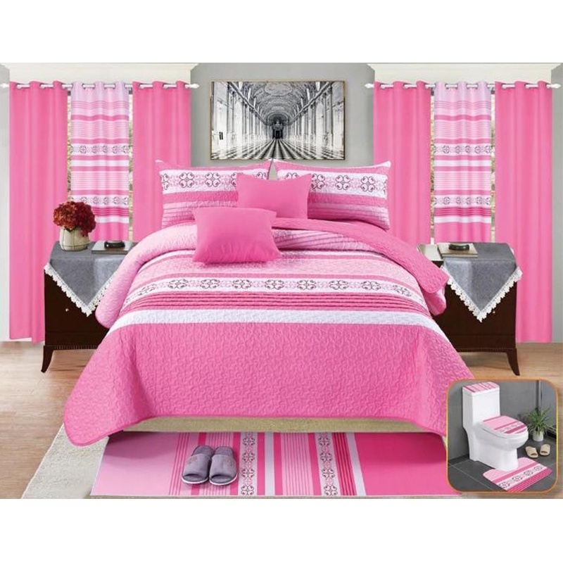 customized king size 26 pieces quilted sheet sets with matching curtains 100% cotton bedspread set with bathroom sets