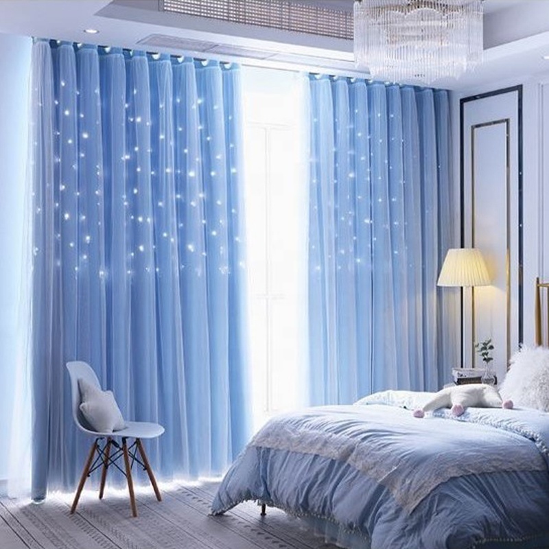 Luxury princess style curtains set manufacturers sell Double layer crystal light gauze starry curtains for living room