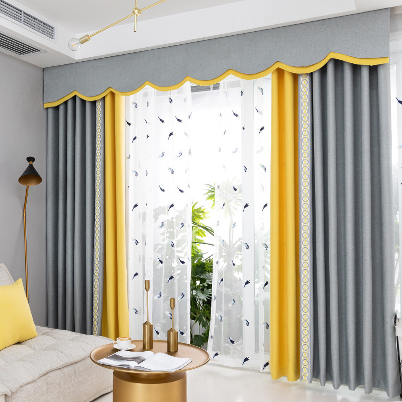 Simple atmosphere home style side patchwork embellishment blackout three-layer woven cotton and linen curtains for living room