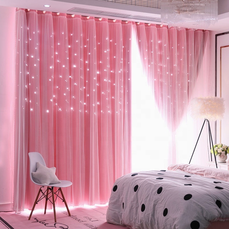 Luxury princess style curtains set manufacturers sell Double layer crystal light gauze starry curtains for living room