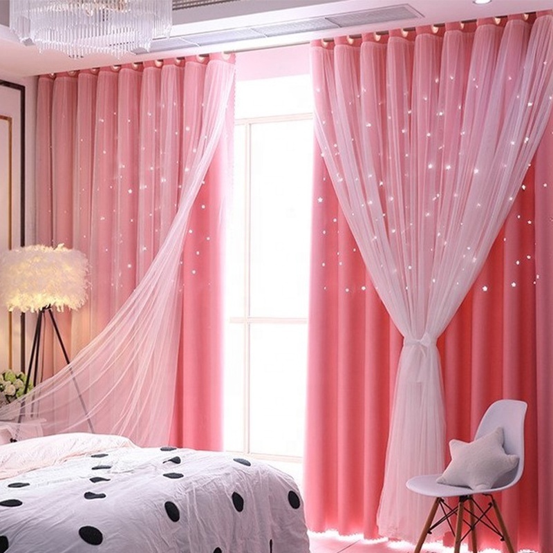 Luxury princess style curtains set manufacturers sell Double layer crystal light gauze starry curtains for living room