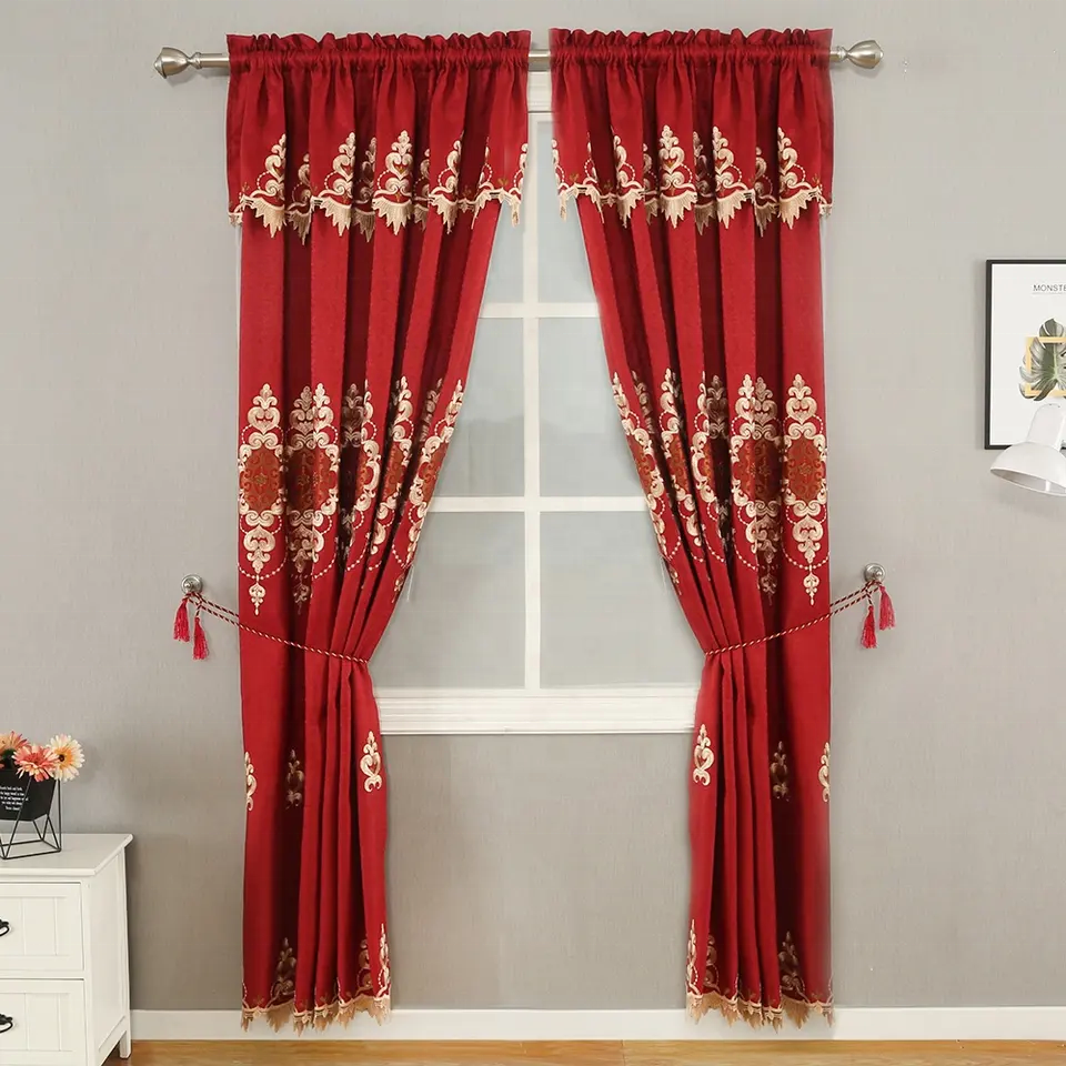 2023 new European style luxury red lace curtain with valance embroidered window panel for living room