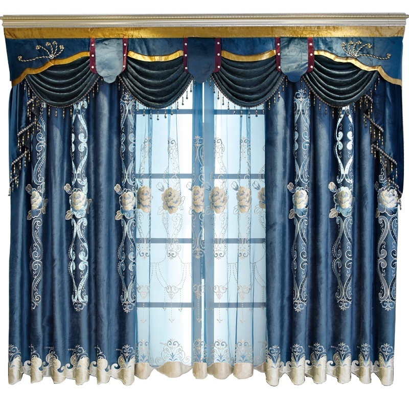 New Luxury Chenille European Curtains Pleated Pattern Woven Technique for Cafe or Dining Room Hollow out Embroidered Pelmet