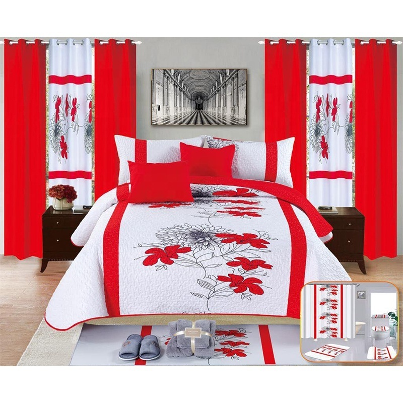 customized king size 26 pieces quilted sheet sets with matching curtains 100% cotton bedspread set with bathroom sets