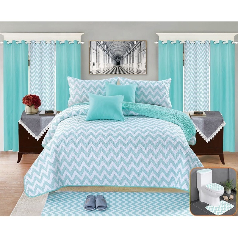 customized king size 26 pieces quilted sheet sets with matching curtains 100% cotton bedspread set with bathroom sets