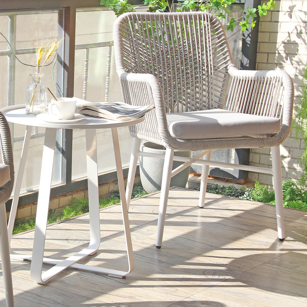 Aluminum Metal Frame High Back Rattan Twine Woven Outdoor Garden Dining Chair With Armrests