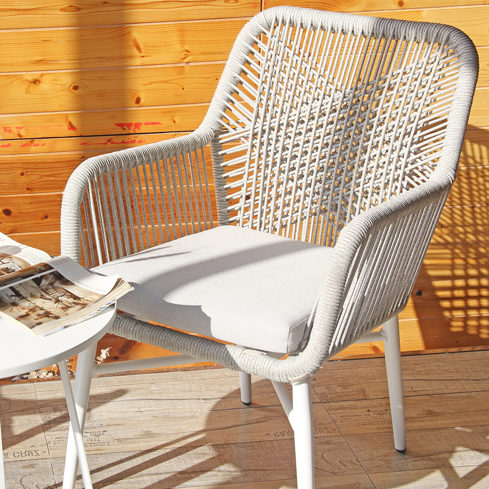 Aluminum Metal Frame High Back Rattan Twine Woven Outdoor Garden Dining Chair With Armrests