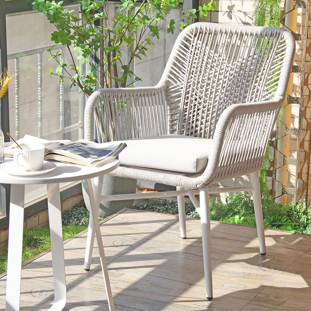 Aluminum Metal Frame High Back Rattan Twine Woven Outdoor Garden Dining Chair With Armrests