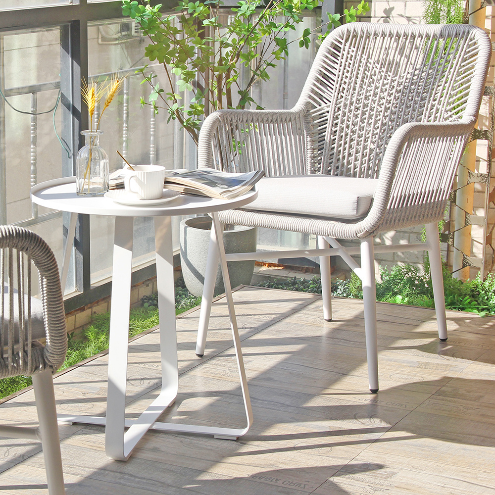 Aluminum Metal Frame High Back Rattan Twine Woven Outdoor Garden Dining Chair With Armrests