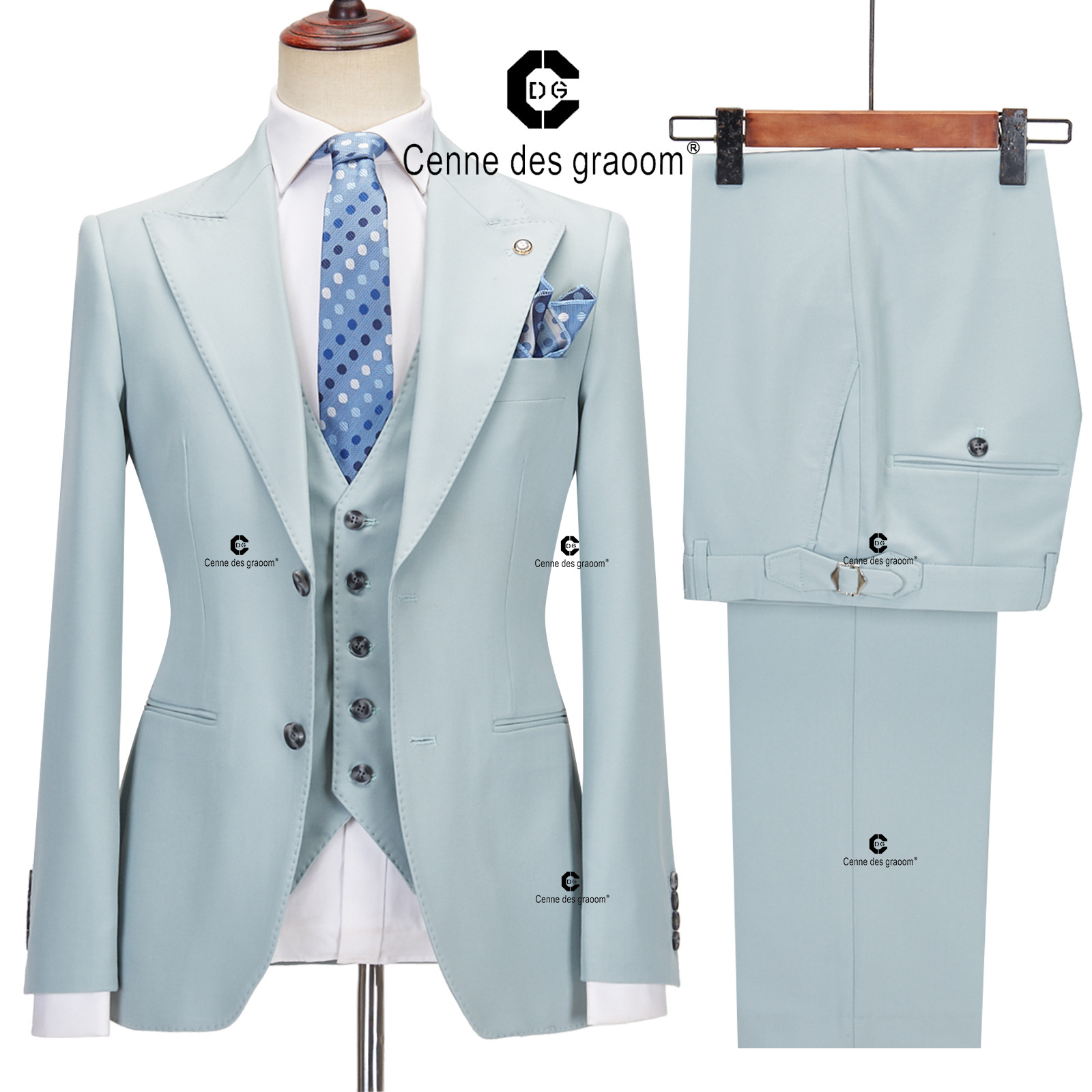 Cenne Des Graoom Classic Fit 2 Button Formal Suits for Men Solid Color Blazer Vest Pants Set Business Meeting Wedding Daily Use