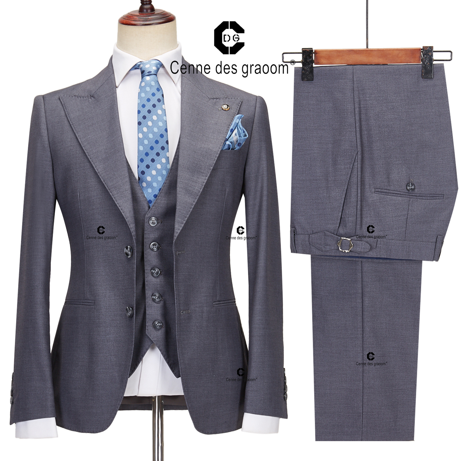 Cenne Des Graoom Classic Fit 2 Button Formal Suits for Men Solid Color Blazer Vest Pants Set Business Meeting Wedding Daily Use