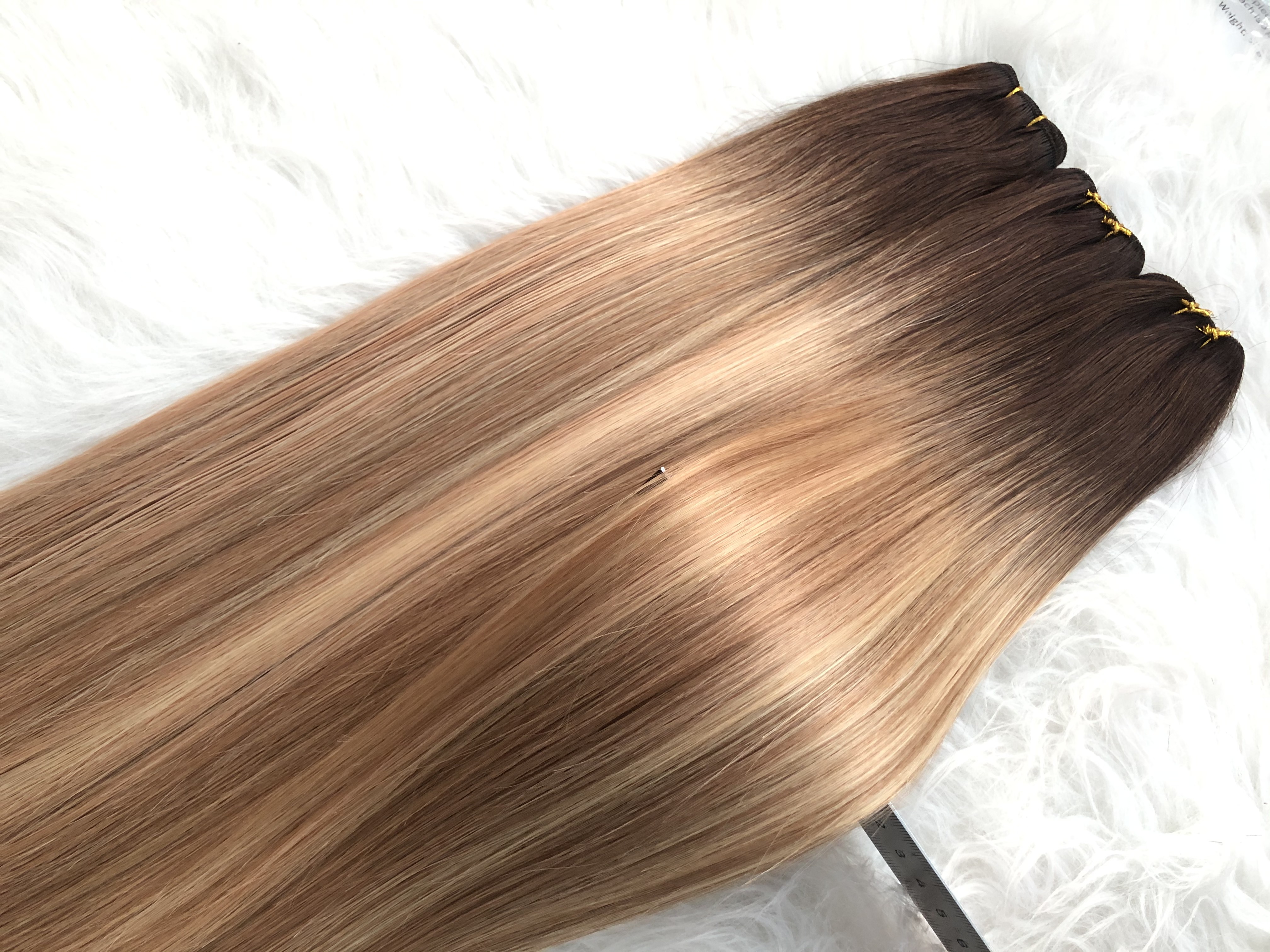 Sew In Russian Human Hair Weave Double Drawn Ombre Hair Weaves, Two Tone Blonde Weft Hair Extensions