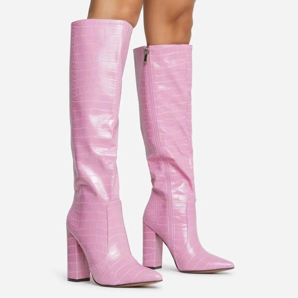 fashion pointed toe  block heel knee high long boot in pink faux crocodile  leather for women and laddies