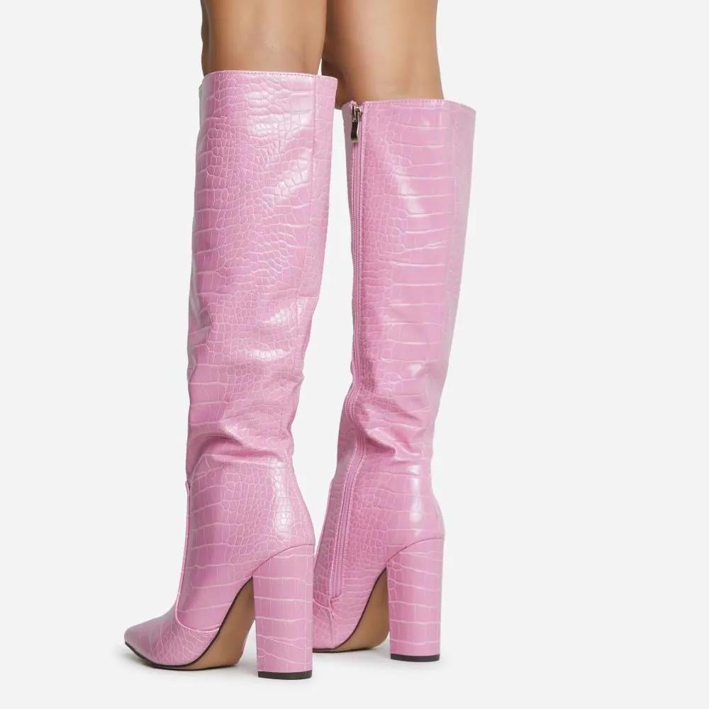 fashion pointed toe  block heel knee high long boot in pink faux crocodile  leather for women and laddies