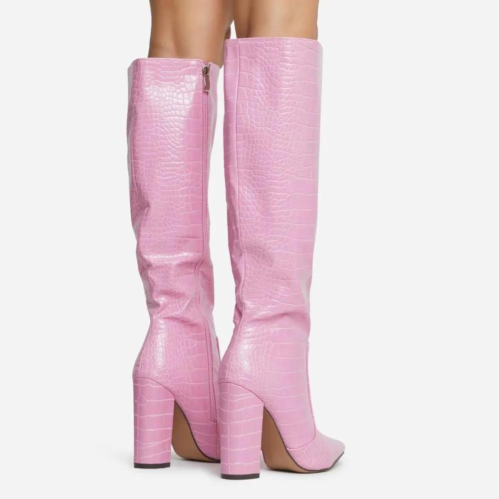 fashion pointed toe  block heel knee high long boot in pink faux crocodile  leather for women and laddies