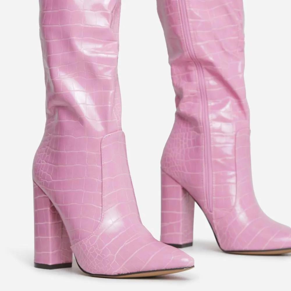 fashion pointed toe  block heel knee high long boot in pink faux crocodile  leather for women and laddies