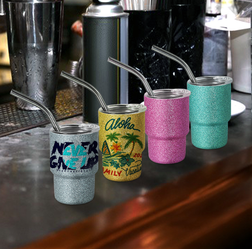 Custom personalized mexican tequila metal stainless steel double wall sublimation glitter 3oz mini tumbler shot glass tumbler