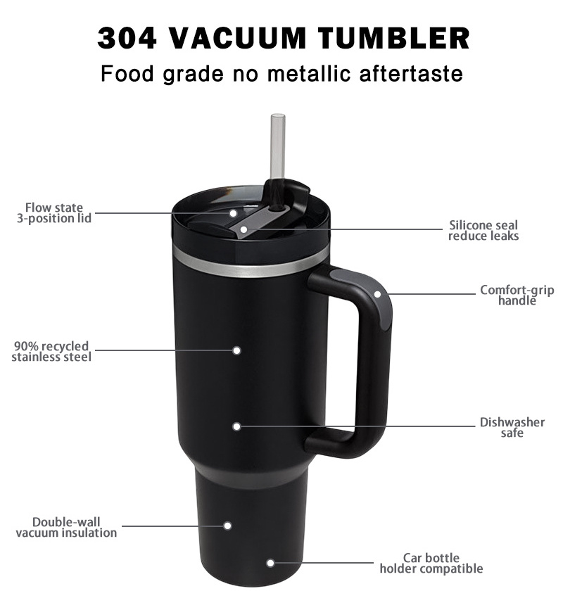 Custom logo stainless steel vacuum insulated 40 oz sublimation tumbler with handle and straw travel coffee 30oz 40oz outdoor mug