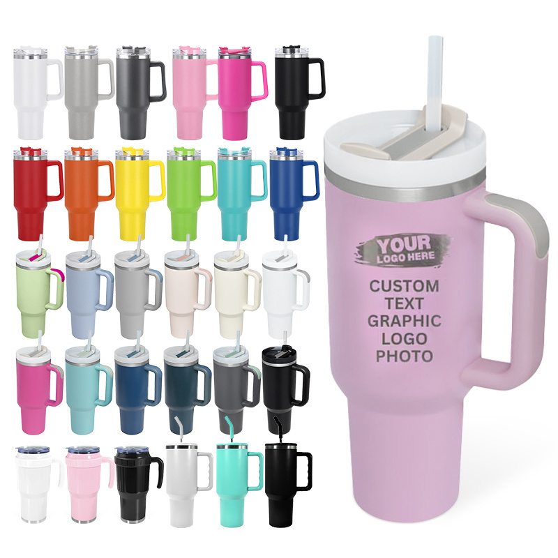 Custom logo stainless steel vacuum insulated 40 oz sublimation tumbler with handle and straw travel coffee 30oz 40oz outdoor mug