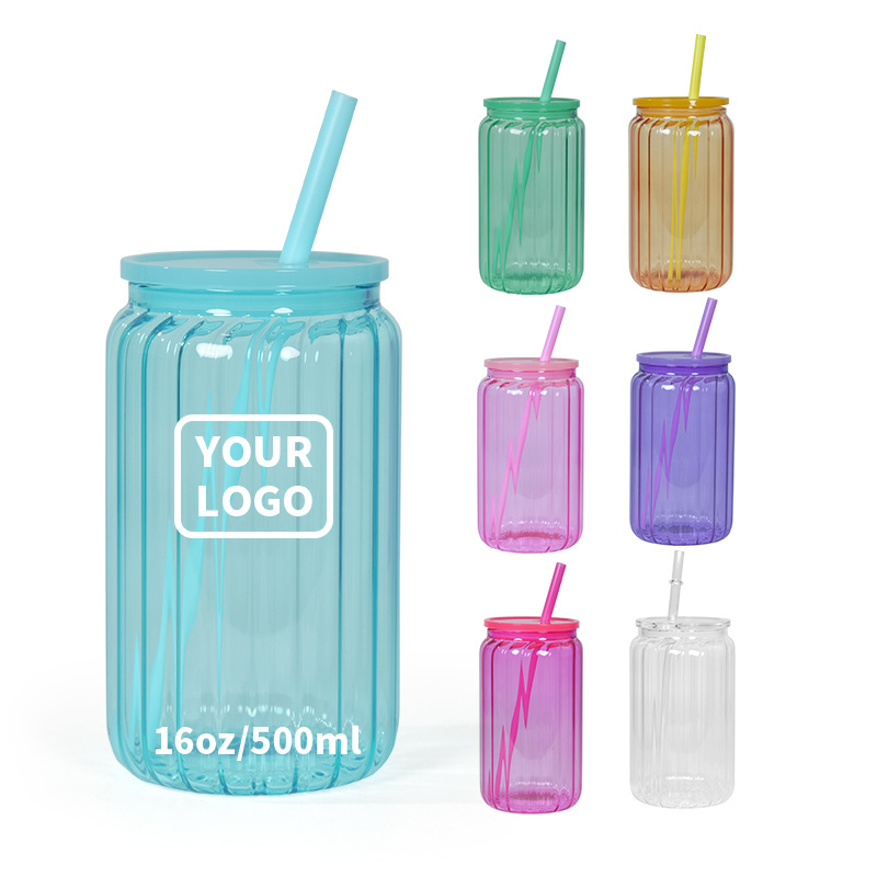 16 oz  Custom DIY Clear Colorful Jelly Cans Sublimation UV DTF Glass Beer Can JELLY LIBBEY Cup With PP Lid And Straws