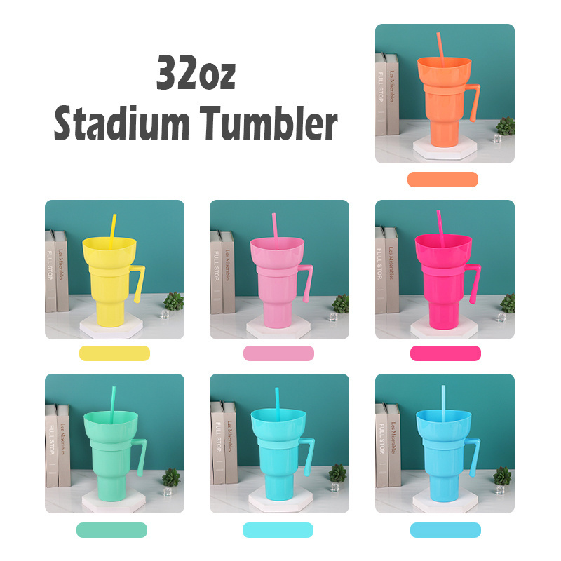 Wholesale beverage 2 in 1 popcorn chips cola mug 32oz Mainstays plastic Stadium Tumbler drink cup with snack tray bowl