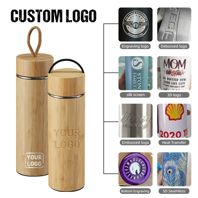 Custom Logo Vacuum Insulated 20oz Travel Tumbler bamboo Mug Stainless Steel 500ml Water Bottles Bamboo Thermos Flask