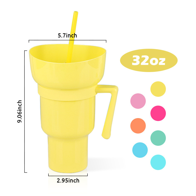 Wholesale beverage 2 in 1 popcorn chips cola mug 32oz Mainstays plastic Stadium Tumbler drink cup with snack tray bowl