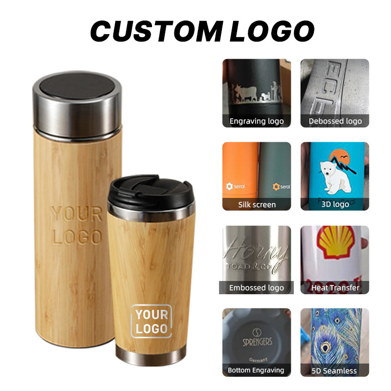 Custom Logo Vacuum Insulated 20oz Travel Tumbler bamboo Mug Stainless Steel 500ml Water Bottles Bamboo Thermos Flask