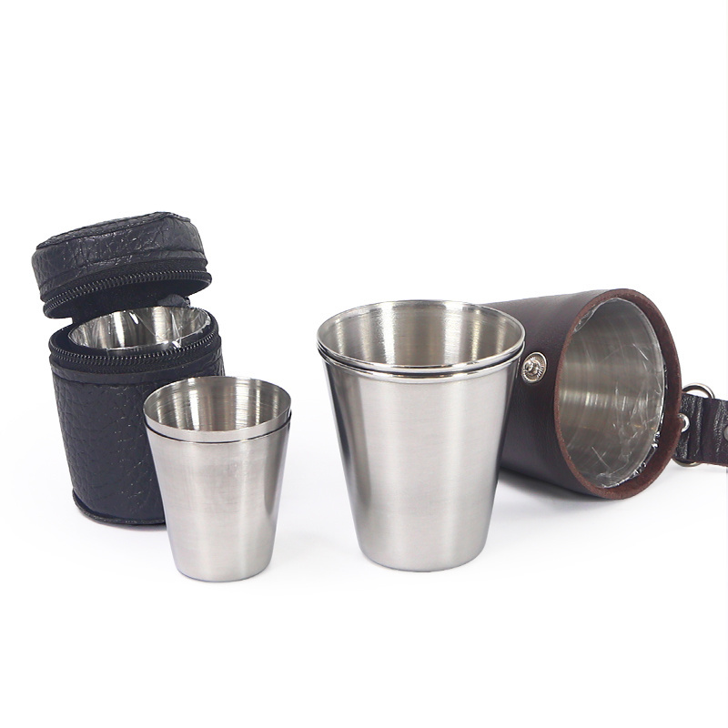 Custom LOGO Set/4pcs Drinking Vessel 75ml Metal Shot Glass with PU Leather Case Stainless Steel Cup Travel Shot Glasses