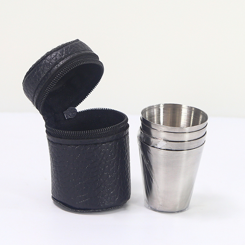 Custom LOGO Set/4pcs Drinking Vessel 75ml Metal Shot Glass with PU Leather Case Stainless Steel Cup Travel Shot Glasses