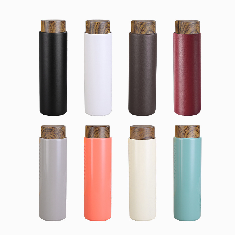 Wholesale 400ml Wooden Grain Cover Color Lid Bottles custom Stainless Steel Vacuum Insulated Water Bottles with Tea Infuser