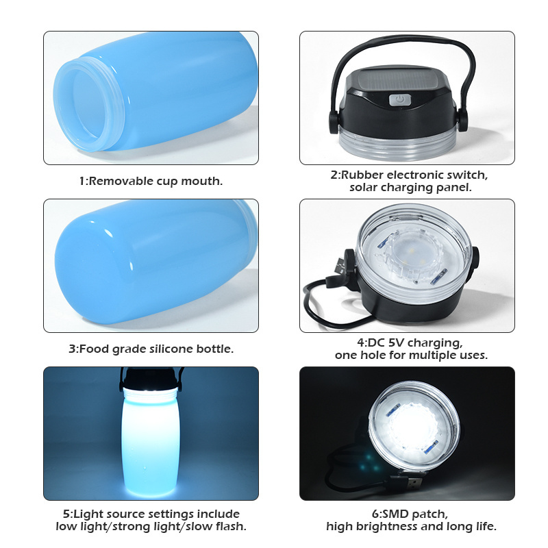 Outdoor Portable Travel Multifunctional Led Solar Charging Kettle Light Luminous Cup Silicone Water Bottle Camping Lamp