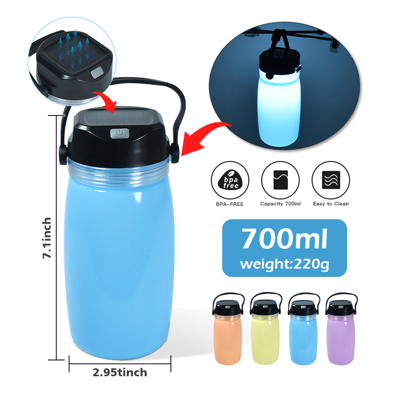 Outdoor Portable Travel Multifunctional Led Solar Charging Kettle Light Luminous Cup Silicone Water Bottle Camping Lamp