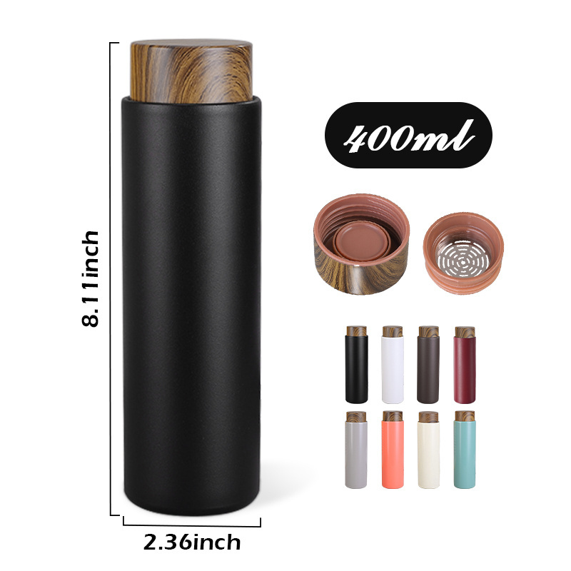 Wholesale 400ml Wooden Grain Cover Color Lid Bottles custom Stainless Steel Vacuum Insulated Water Bottles with Tea Infuser