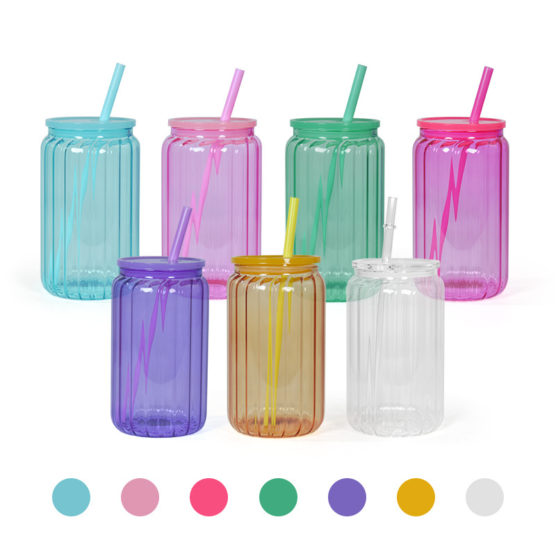 16 oz  Custom DIY Clear Colorful Jelly Cans Sublimation UV DTF Glass Beer Can JELLY LIBBEY Cup With PP Lid And Straws