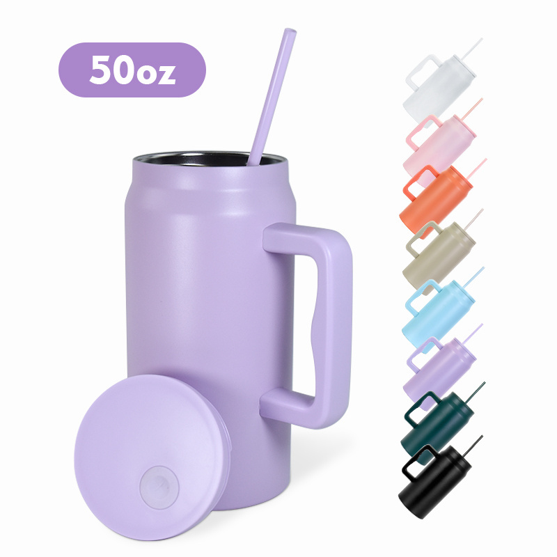 China warehouse stocked 50oz Travel Mug Double Wall Stainless Steel Outdoor Drinking Beer Cups Tumbler with Handle and Straw