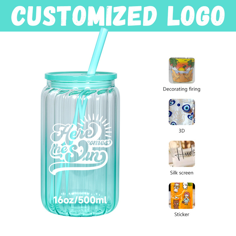 Drinking Glasses 16oz ombre Iced Coffee Cups Sublimation glass tumbler with colorful plastic straw for Long Drinks