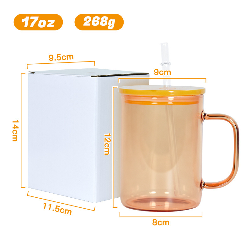 New Arrival 17oz Candy jelly Clear colors tumbler handle Glass Can Sublimation Blanks Glass Beer Can with Colorful Lid