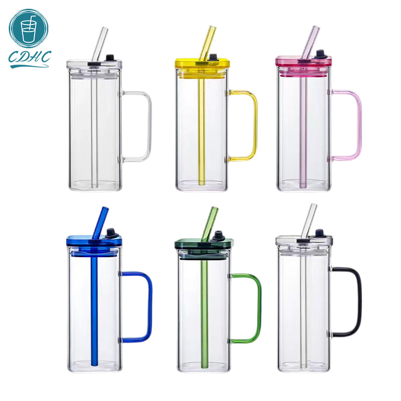 Glassware Drink ware Iced Coffee Tea Mug Water Tumbler Drinking Glasses Square Glass Cup with Lid Straw Handle