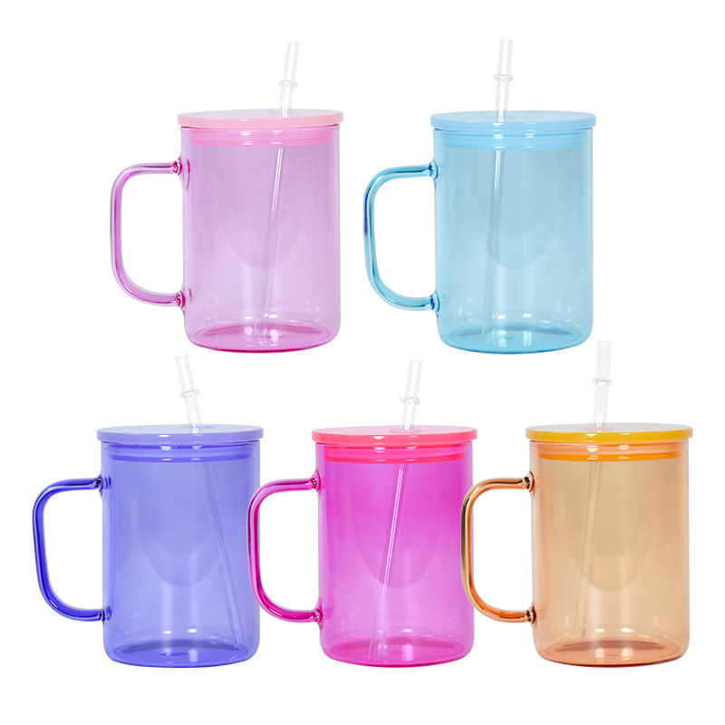 New Arrival 17oz Candy jelly Clear colors tumbler handle Glass Can Sublimation Blanks Glass Beer Can with Colorful Lid